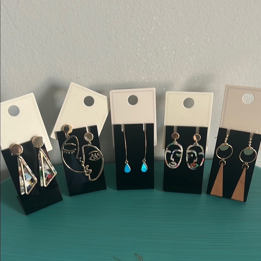 New Lot 5 Pais of Gold Wood and Multicolor Art Deco Boho Style Drop Earrings Set
